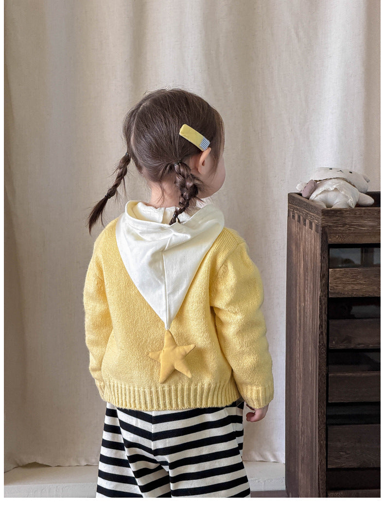 【73-110cm】星星連帽長袖 | 黃色針織開衫 | 條紋束腳褲