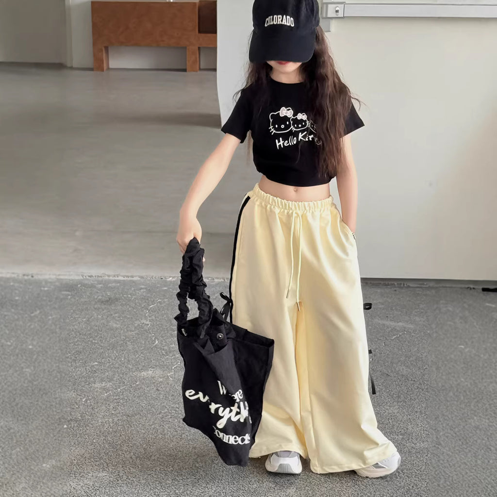 【100-150cm】韓版織帶蝴蝶結休閒闊腿褲