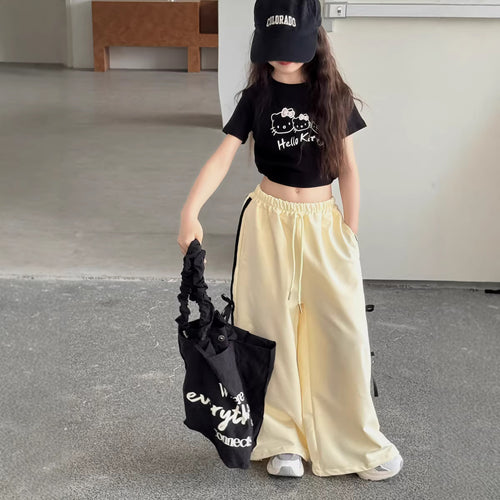 【100-150cm】韓版織帶蝴蝶結休閒闊腿褲