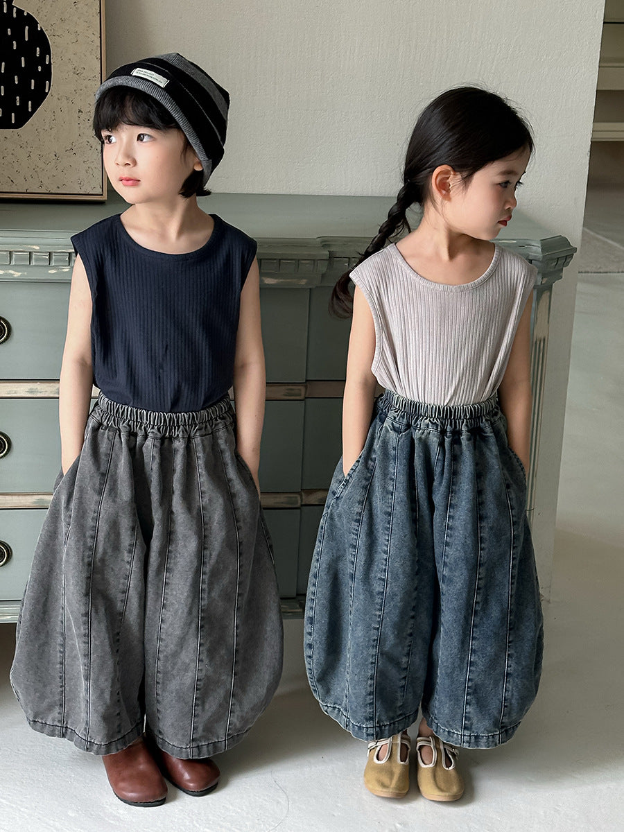 【80-140cm】拼接牛仔褲彎刀褲八分褲