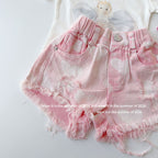 【90-150cm】粉色毛邊破洞牛仔褲