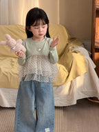 【90-140cm】(2色)波點網紗拼接公主蓬蓬裙上衣