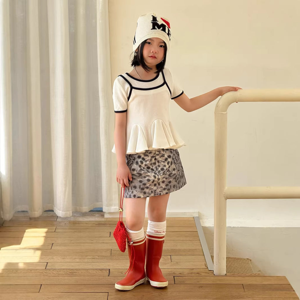 【120-160cm】韓版撞色假兩件上衣