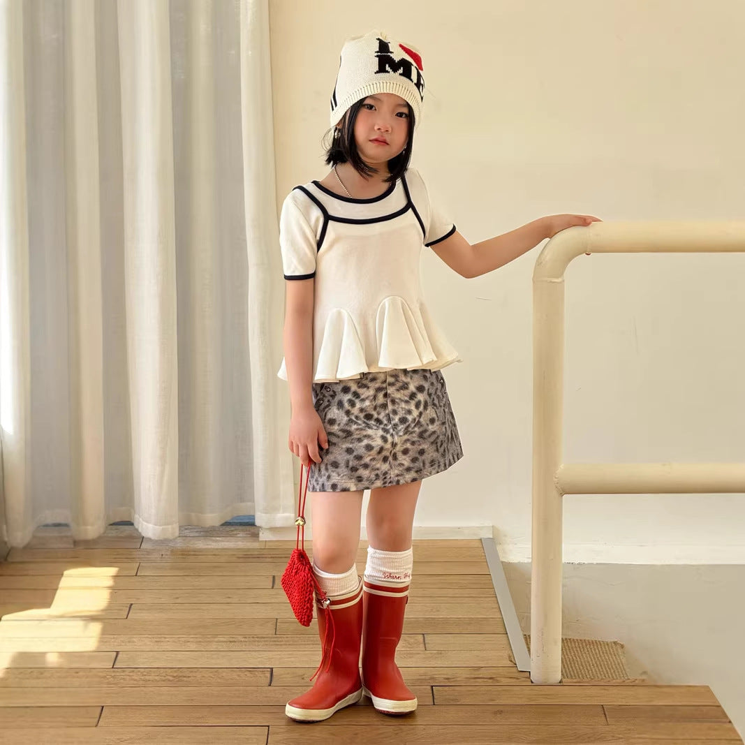 【120-160cm】韓版撞色假兩件上衣