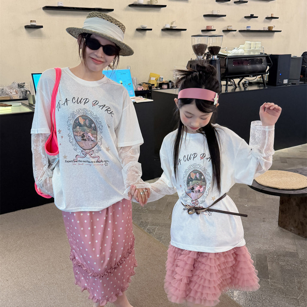 【100-160cm】【親子裝】假兩件蕾絲長袖防曬T