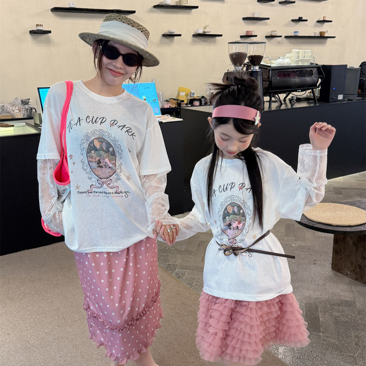 【100-160cm】【親子裝】假兩件蕾絲長袖防曬T