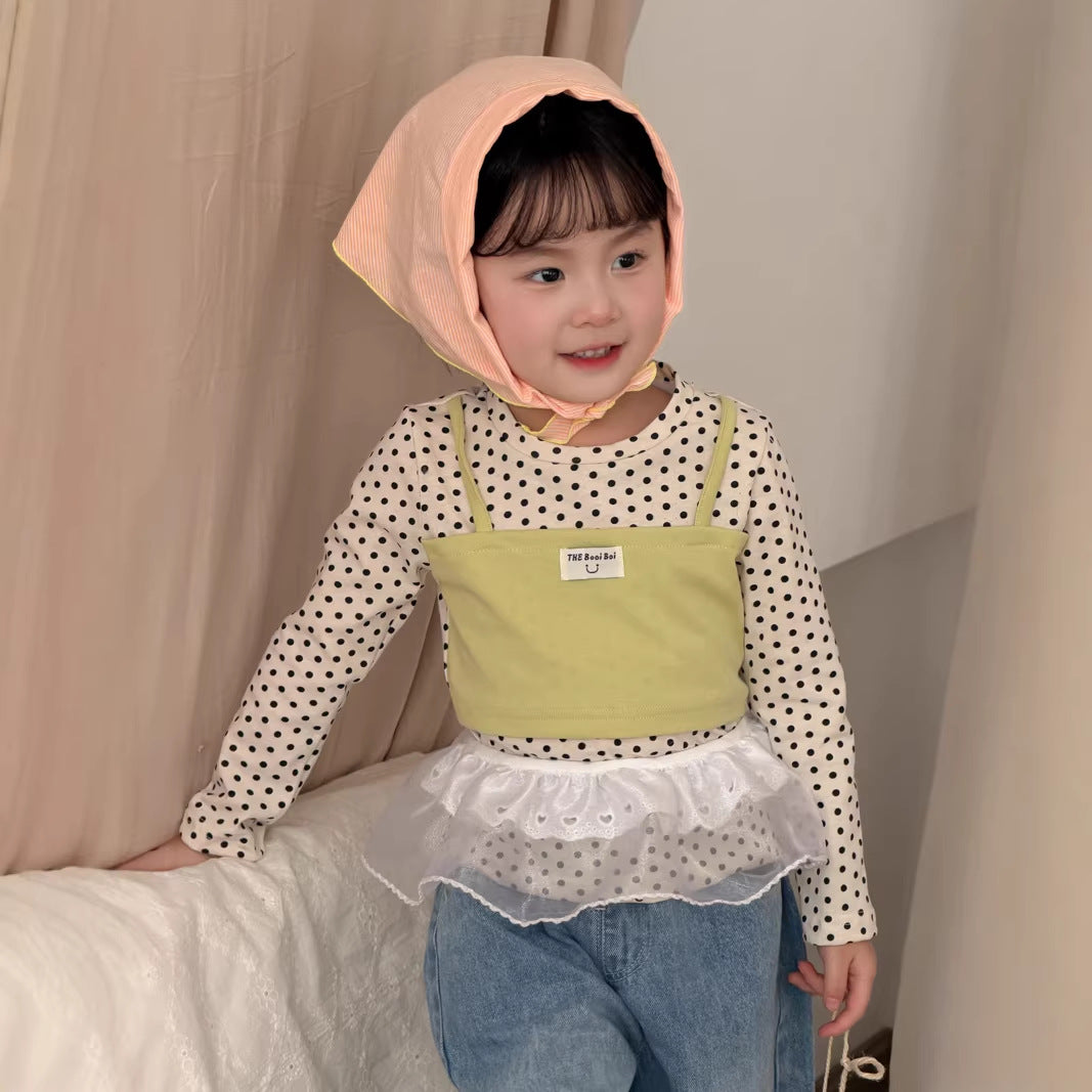 【90-140cm】假兩件長袖圓點吊帶拼色上衣