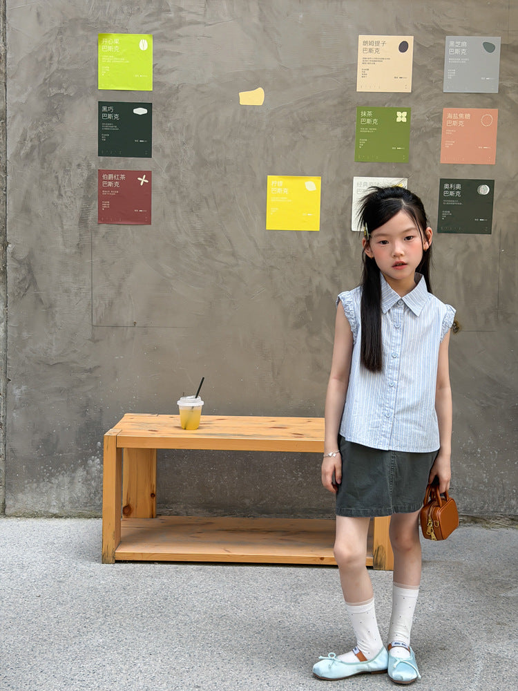 【100-170cm】條紋飛袖學院風花邊襯衫 | 短裙