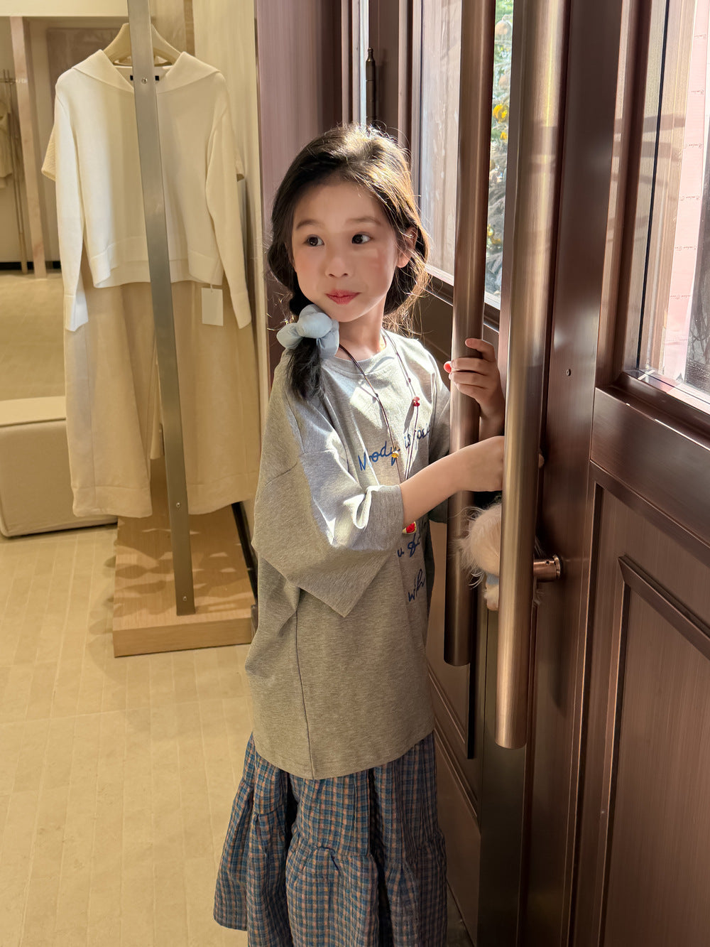 【100-160cm】休閒字母T｜格子半身裙