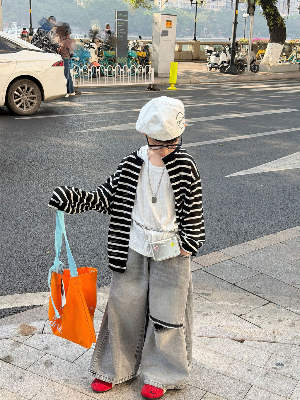 【90-160cm】韓版休閒針織防曬條紋開襟外套