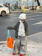 【90-160cm】韓版休閒針織防曬條紋開襟外套