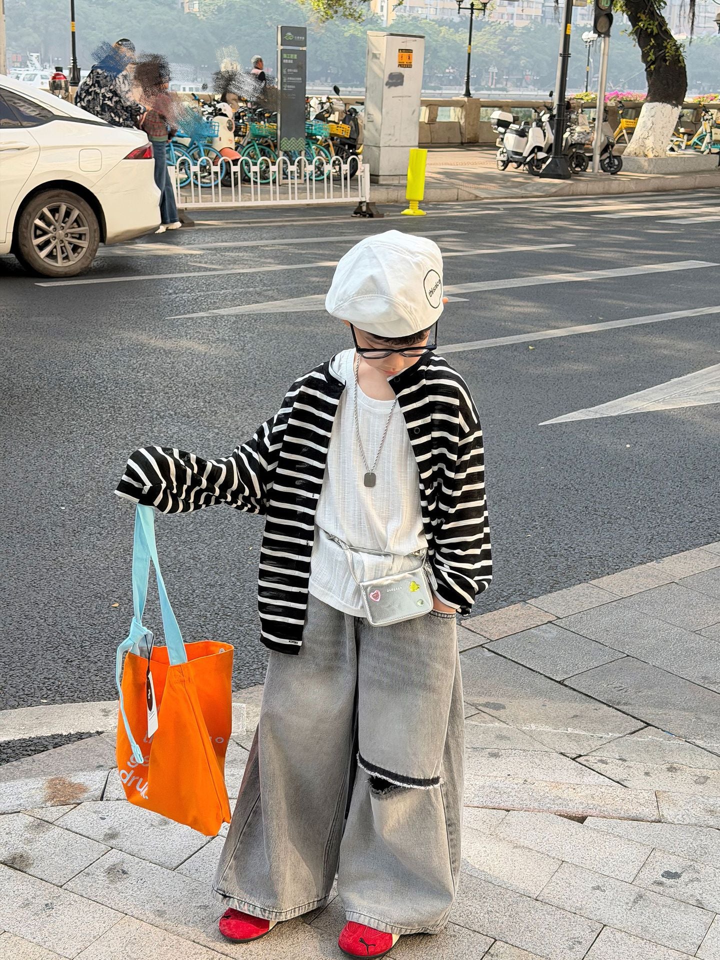 【90-160cm】韓版休閒針織防曬條紋開襟外套