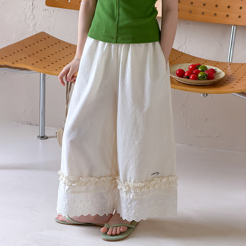 【100-170cm】甜美花邊冰感闊腿褲