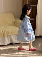 【90-140cm】條紋蕾絲棉布裙洋裝