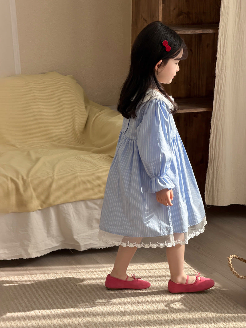 【90-140cm】條紋蕾絲棉布裙洋裝