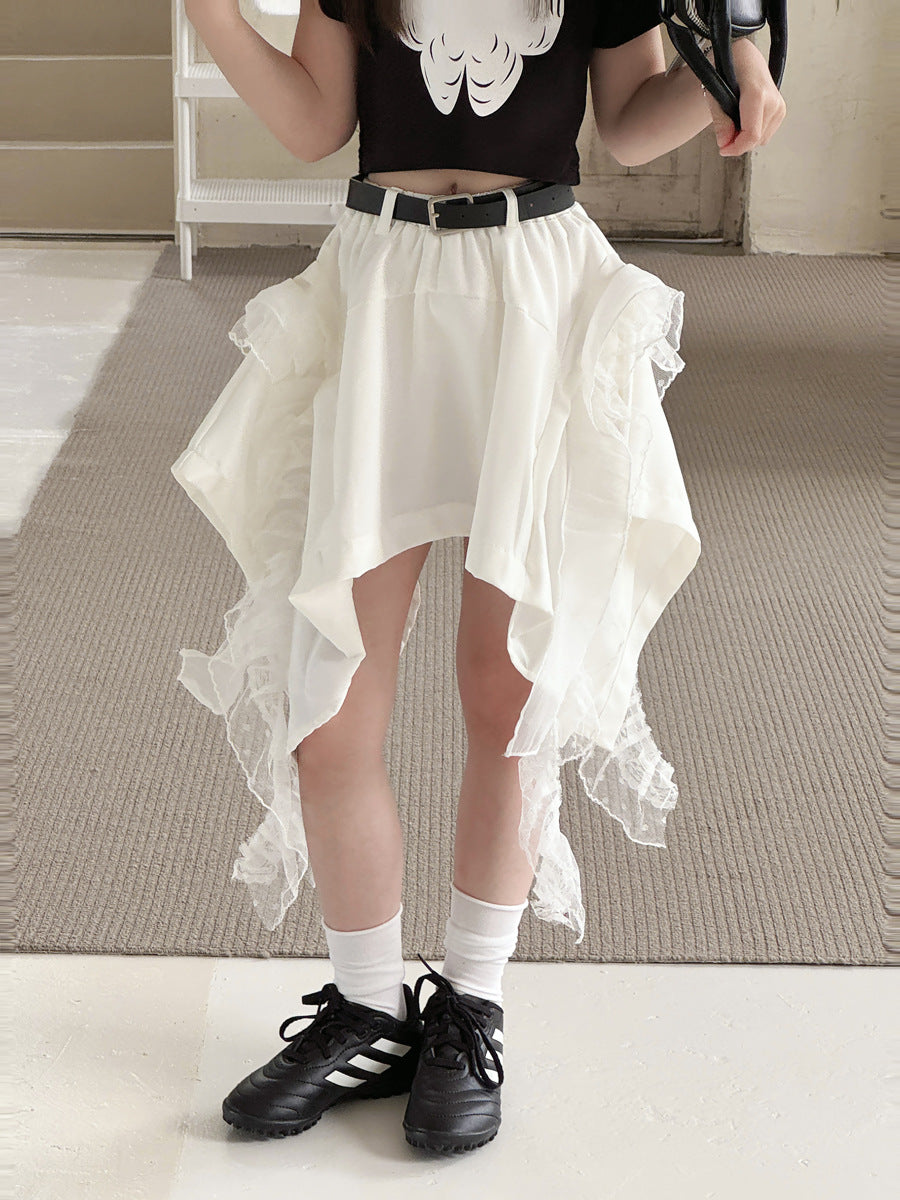 【100-150cm】【帶安全褲】蕾絲拼接不規則辣妹短裙