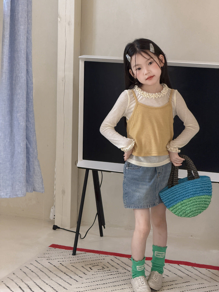 【100-170cm】法式花邊疊穿吊帶上衣兩件套