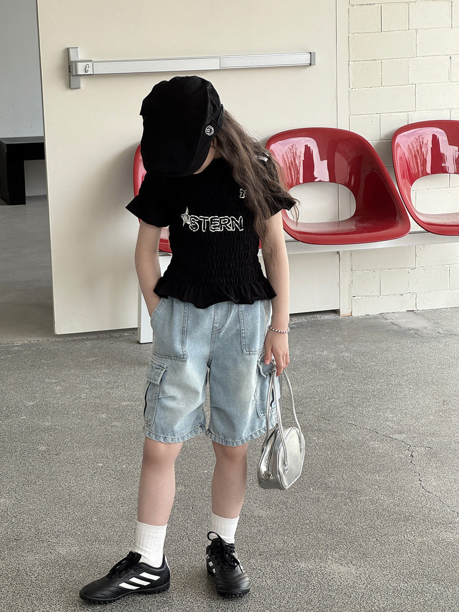 【100-150cm】工裝牛仔五分褲
