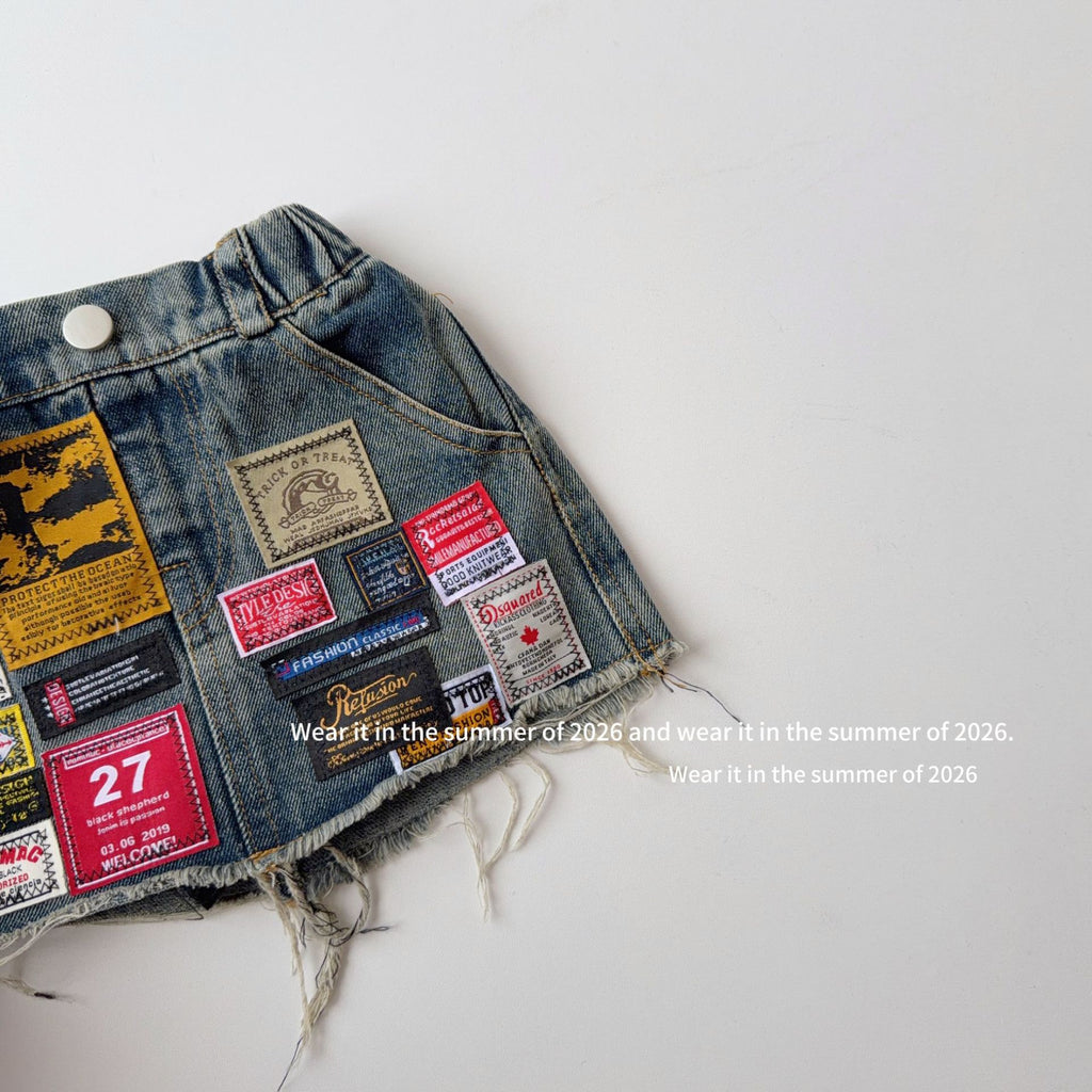 【90-150cm】(帶安全褲)拼接刺繡牛仔短裙