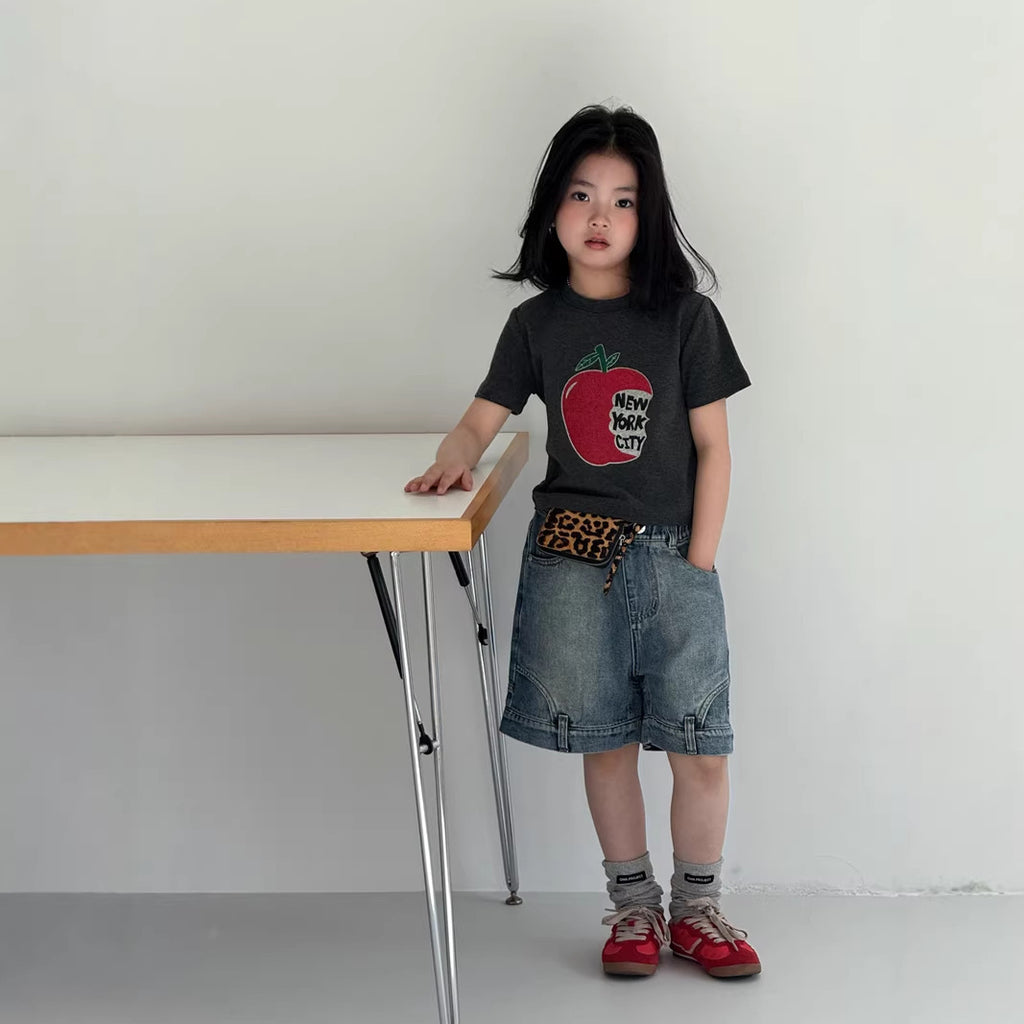 【120-160cm】復古色不規則牛仔中褲