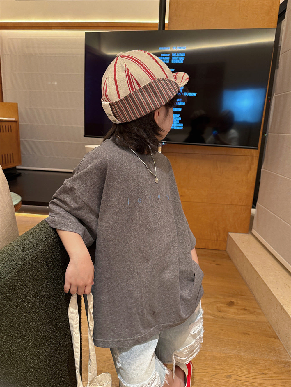 【100-160cm】韓系後背印花休閒寬鬆T