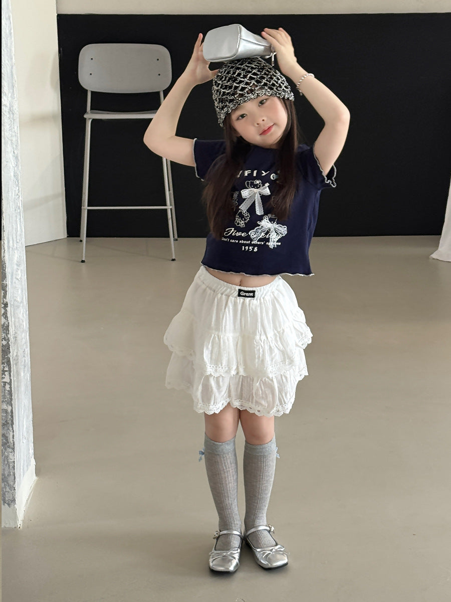 【100-150cm】甜美蕾絲蝴蝶結T