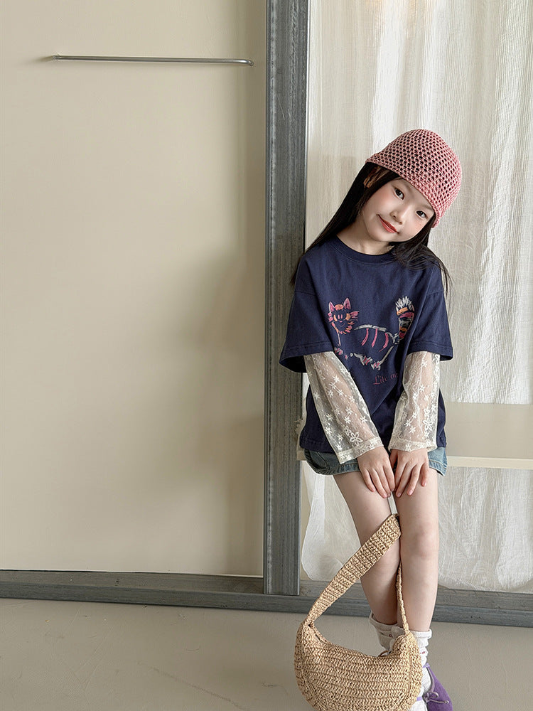 【100-170cm】氛圍感韓系甜美假兩件防曬蕾絲袖T