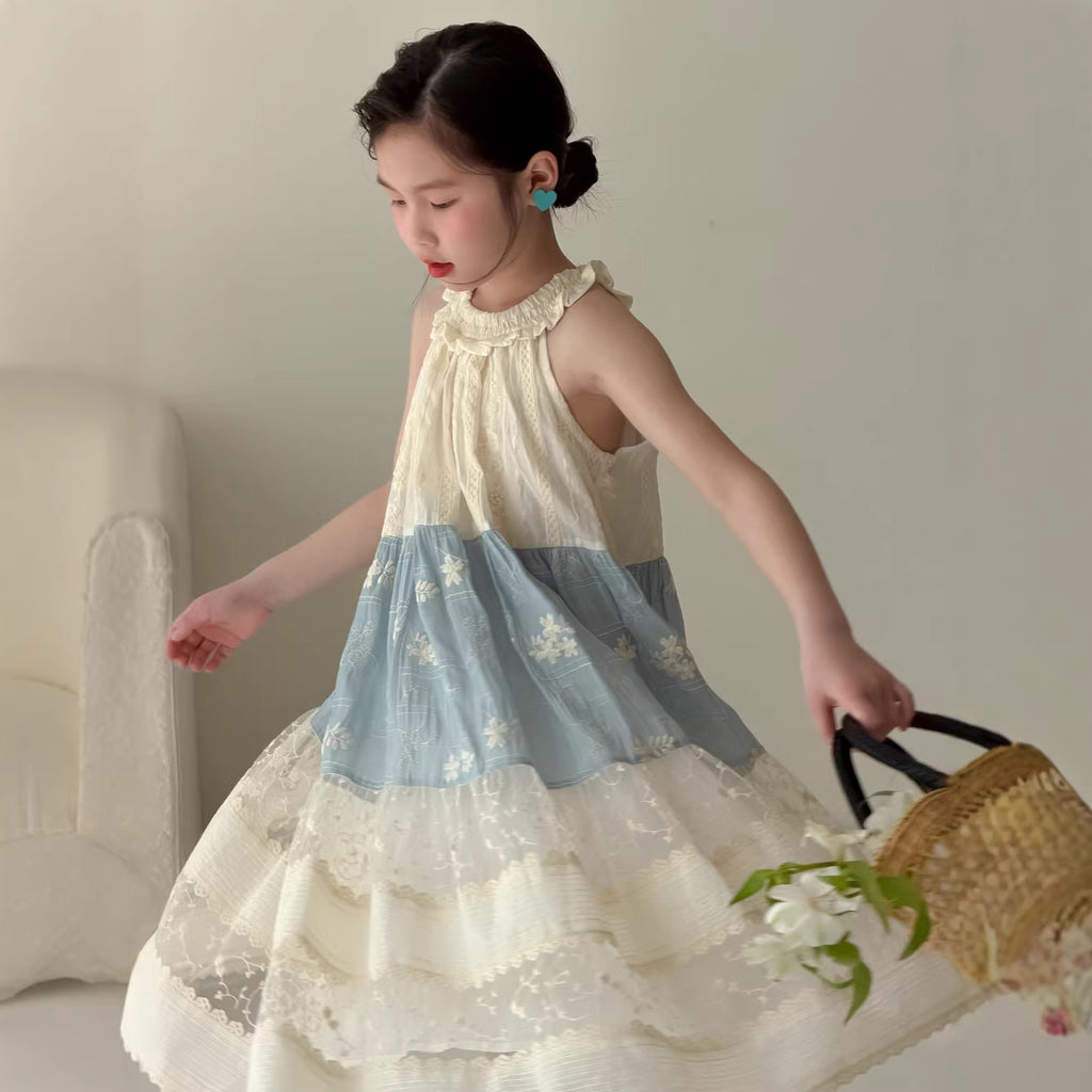 【100-160cm】韓版花朵掛脖連身裙