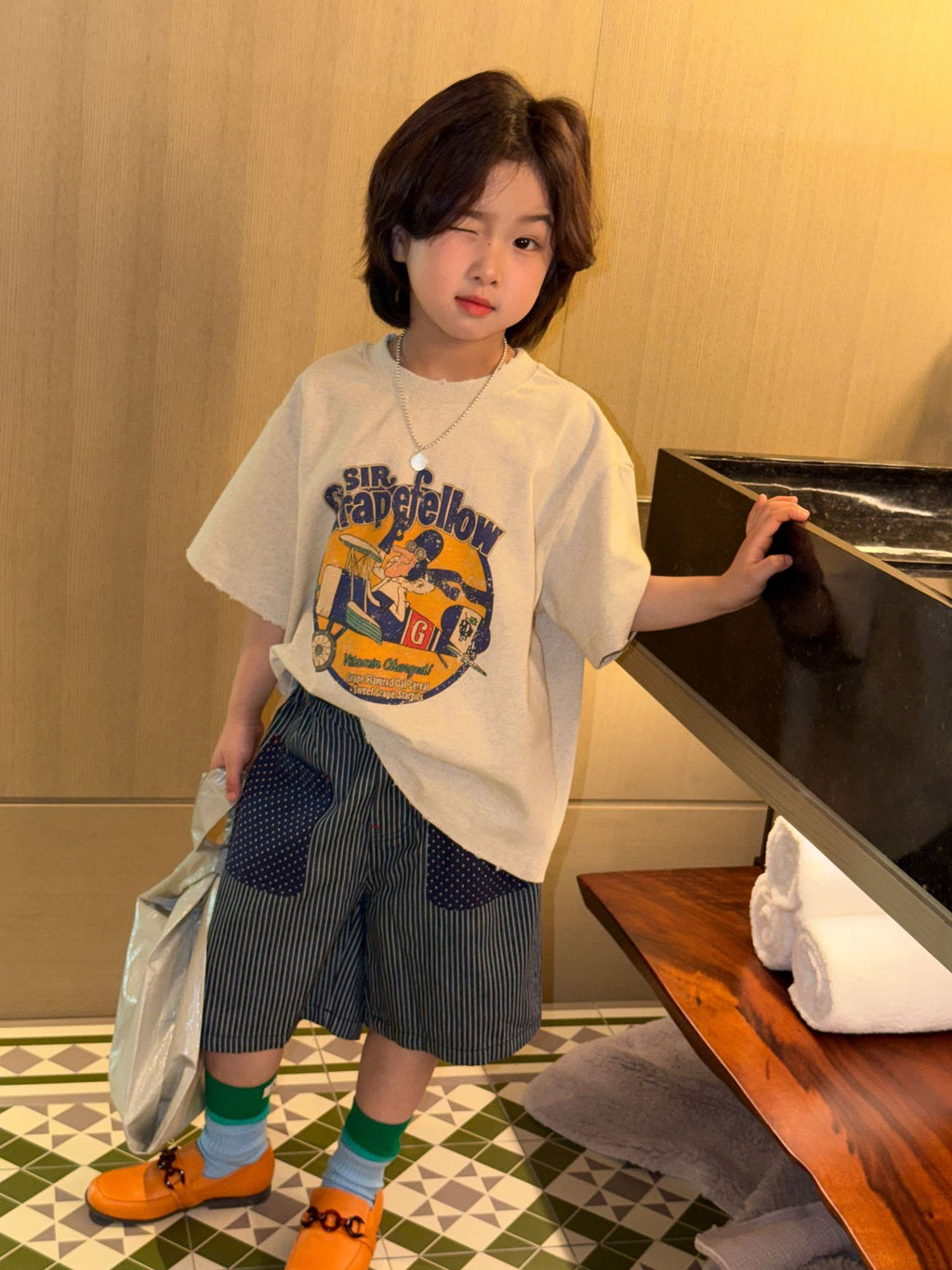 【90-150cm】日系條紋貼標牛仔五分褲