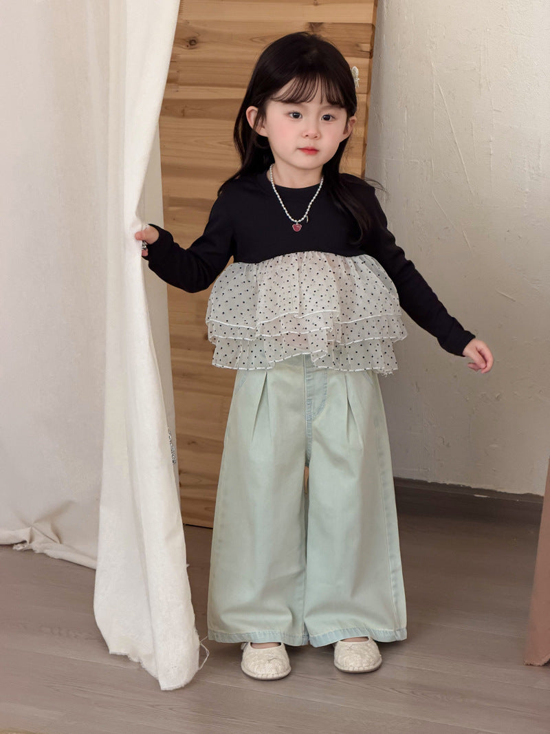 【90-140cm】(2色)波點網紗拼接公主蓬蓬裙上衣