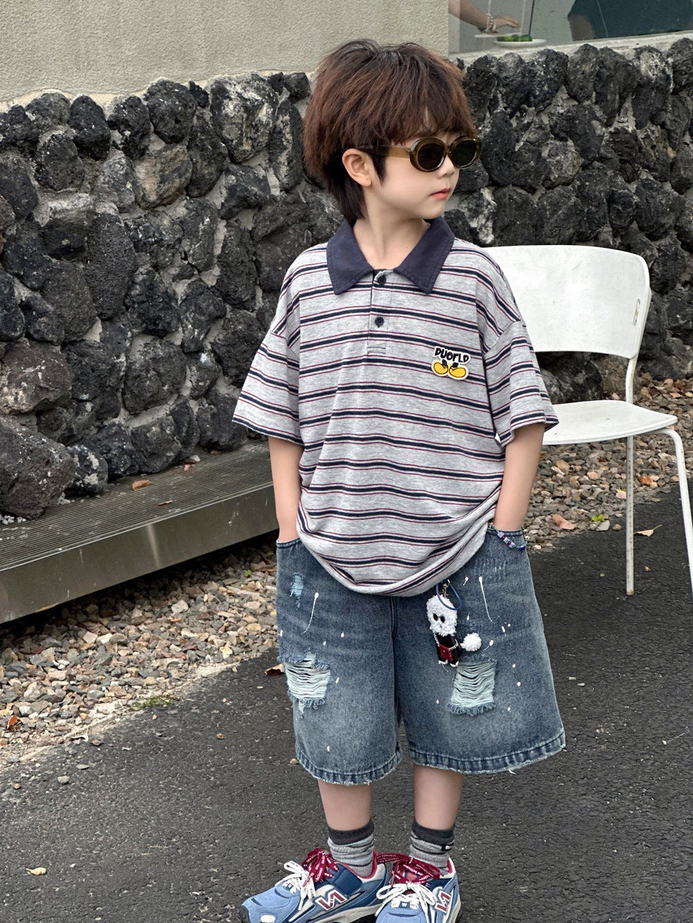 【100-160cm】條紋翻領短袖POLO衫
