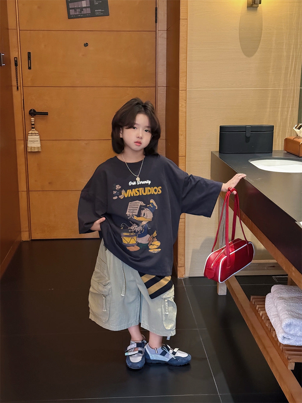 【100-160cm】韓系做舊工裝多口袋八分褲