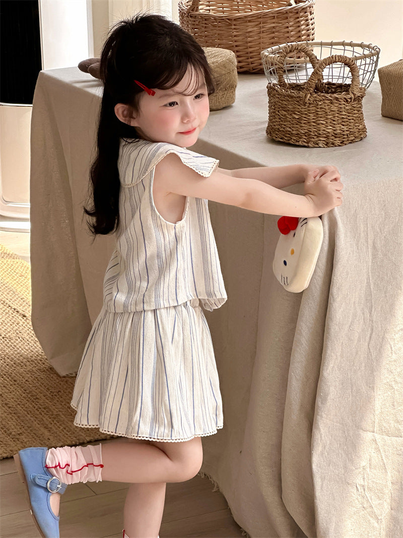 【80-130cm】韓版豎條方領花邊無袖套裝