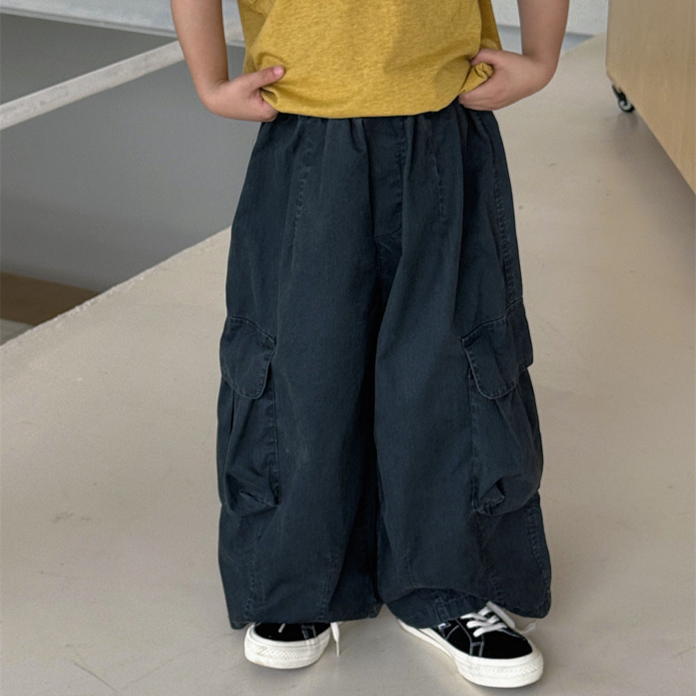 【100-160cm】美式工裝大口袋闊腿休閒長褲