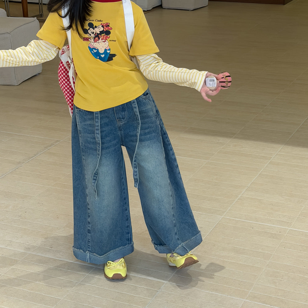 【100-160cm】復古高級感折邊寬鬆牛仔褲