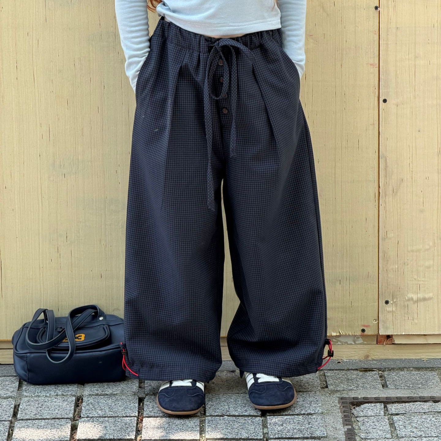 【90-150cm】格子休閒闊腿褲