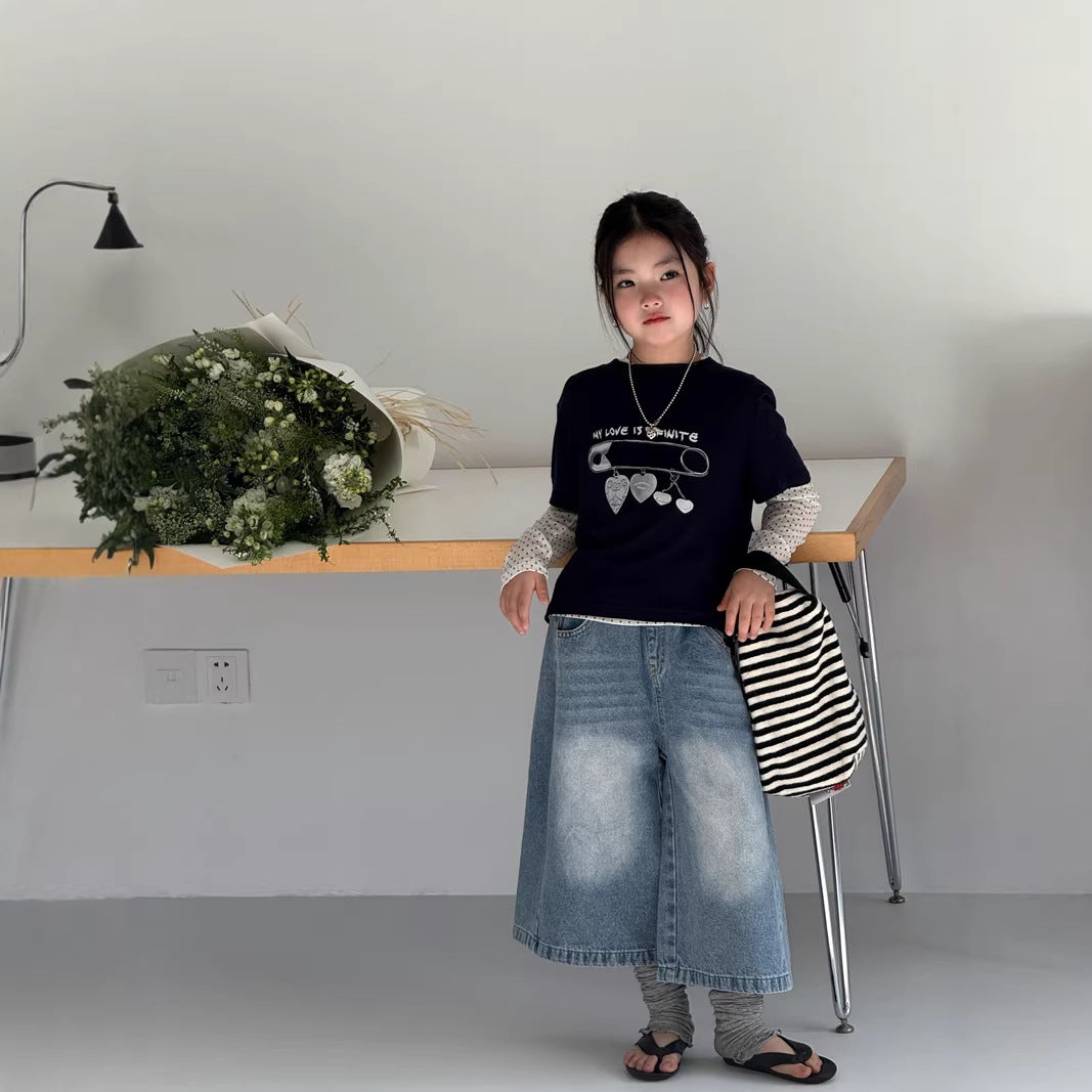 【120-160cm】過膝七分牛仔褲