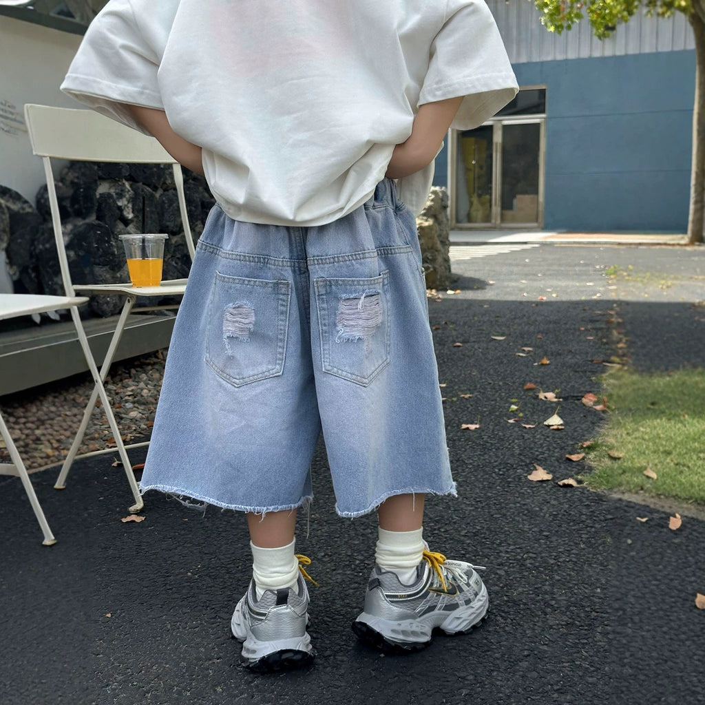 【100-160cm】破洞毛邊牛仔五分褲