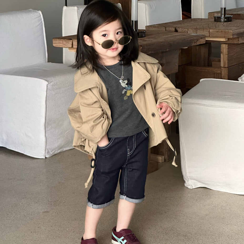【90-140cm】大翻領短版風衣 |牛仔短褲