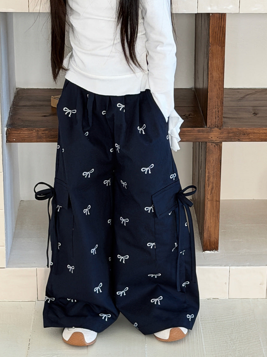 【110-150cm】可愛蝴蝶結寬鬆闊腿工裝褲