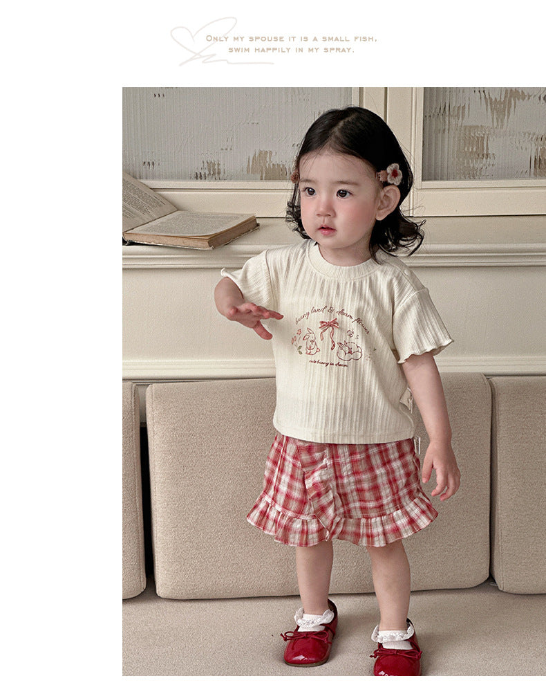 【73-100cm】兔兔格子短褲套裝