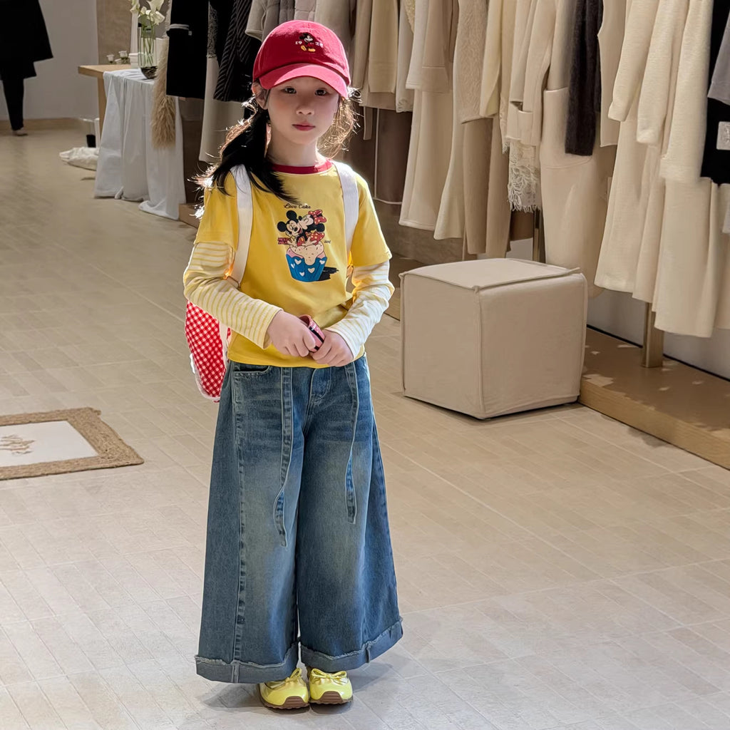 【100-160cm】韓版拼接米奇米妮假兩件上衣