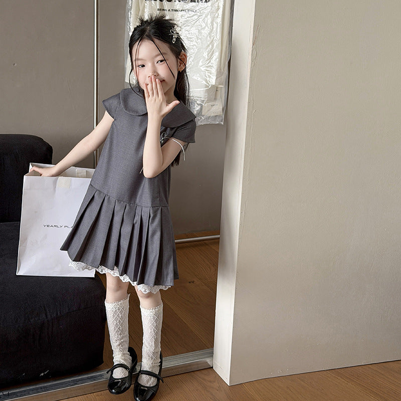 【100-170cm】韓系乖乖女孩蕾絲邊學院風百褶連身裙