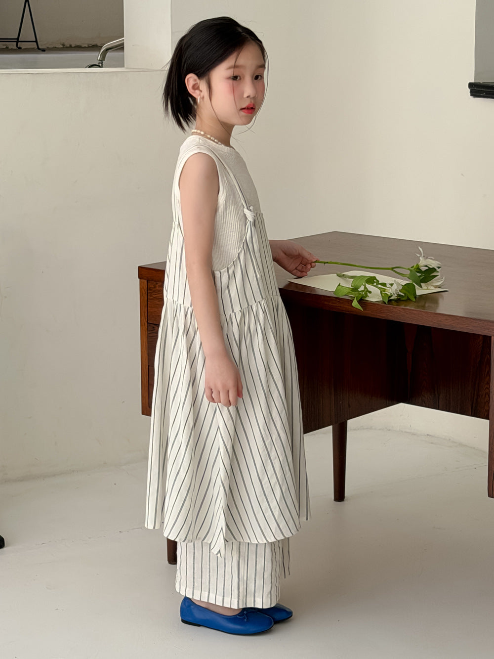 【100-160cm】韓版豎條紋背心套裝