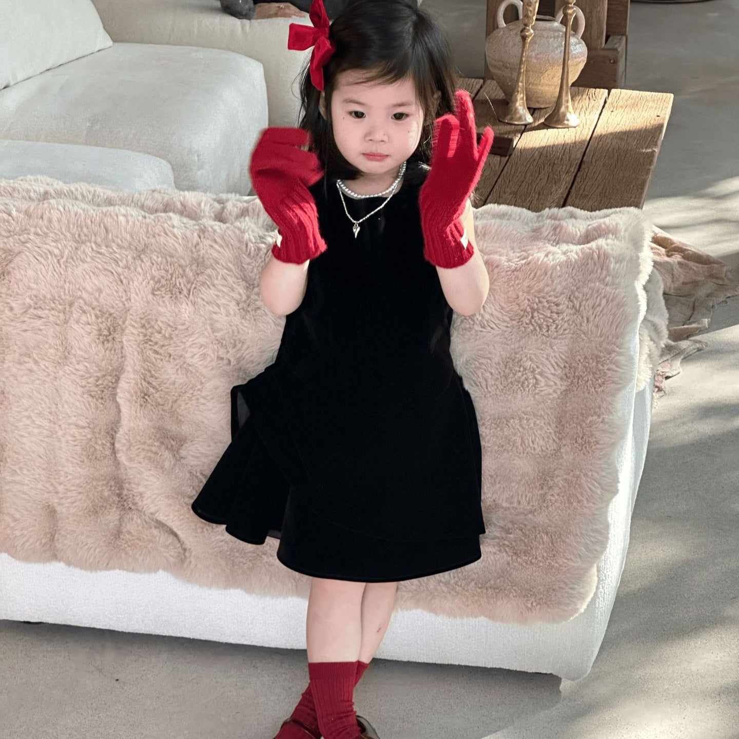 【90-140cm】小眾不規則下擺背心絲絨裙