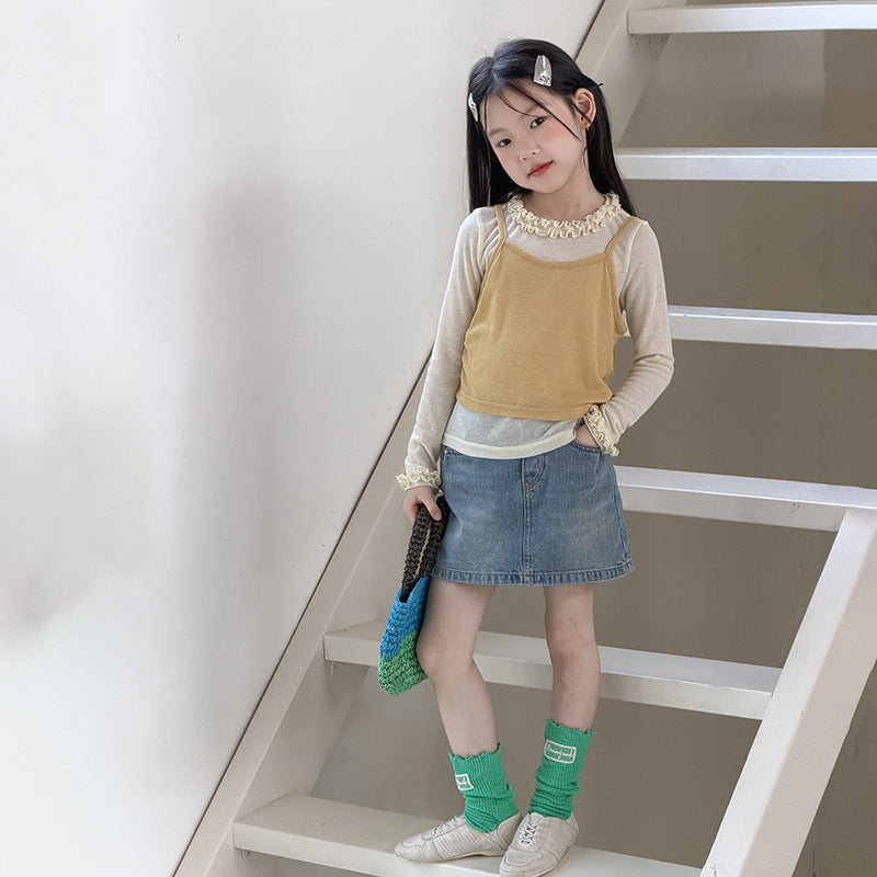 【100-170cm】法式花邊疊穿吊帶上衣兩件套