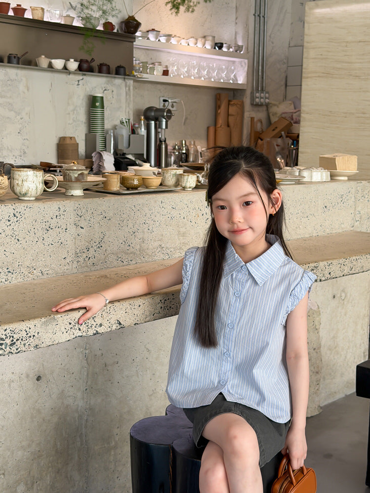【100-170cm】條紋飛袖學院風花邊襯衫 | 短裙
