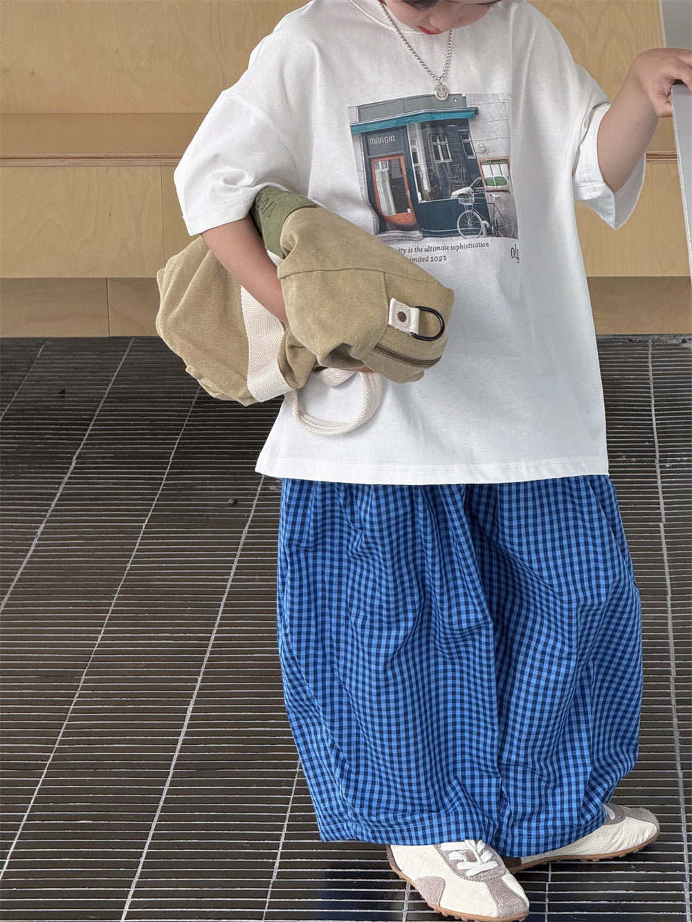 【100-160cm】韓系寬鬆休閒藍格紋闊腿褲