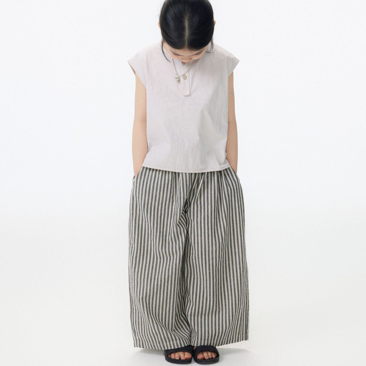 【90-150cm / M.L】【親子裝】日系花苞腰條紋寬褲