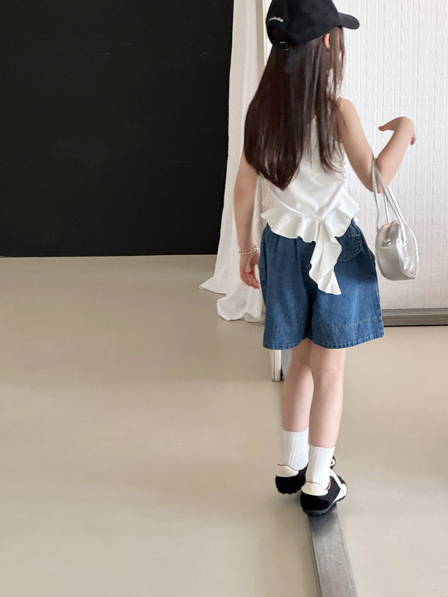 【100-150cm】韓版寬鬆牛仔五分褲
